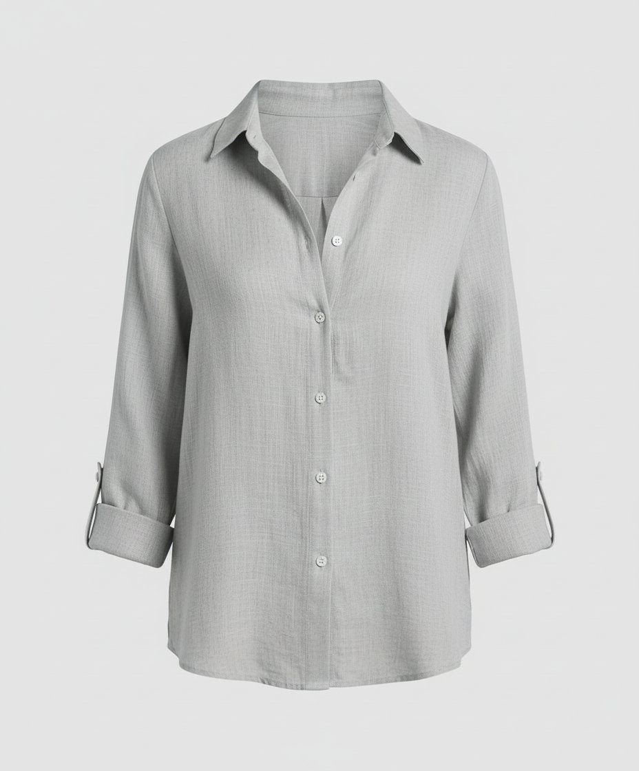 Women's Relaxed-Fit Three-Quarter Sleeve Linen Button-Up Shirt - Gray