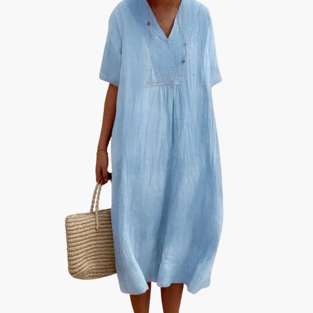 Women's Relaxed-Fit V-Neck Button Placket Linen Midi Dress - Blue
