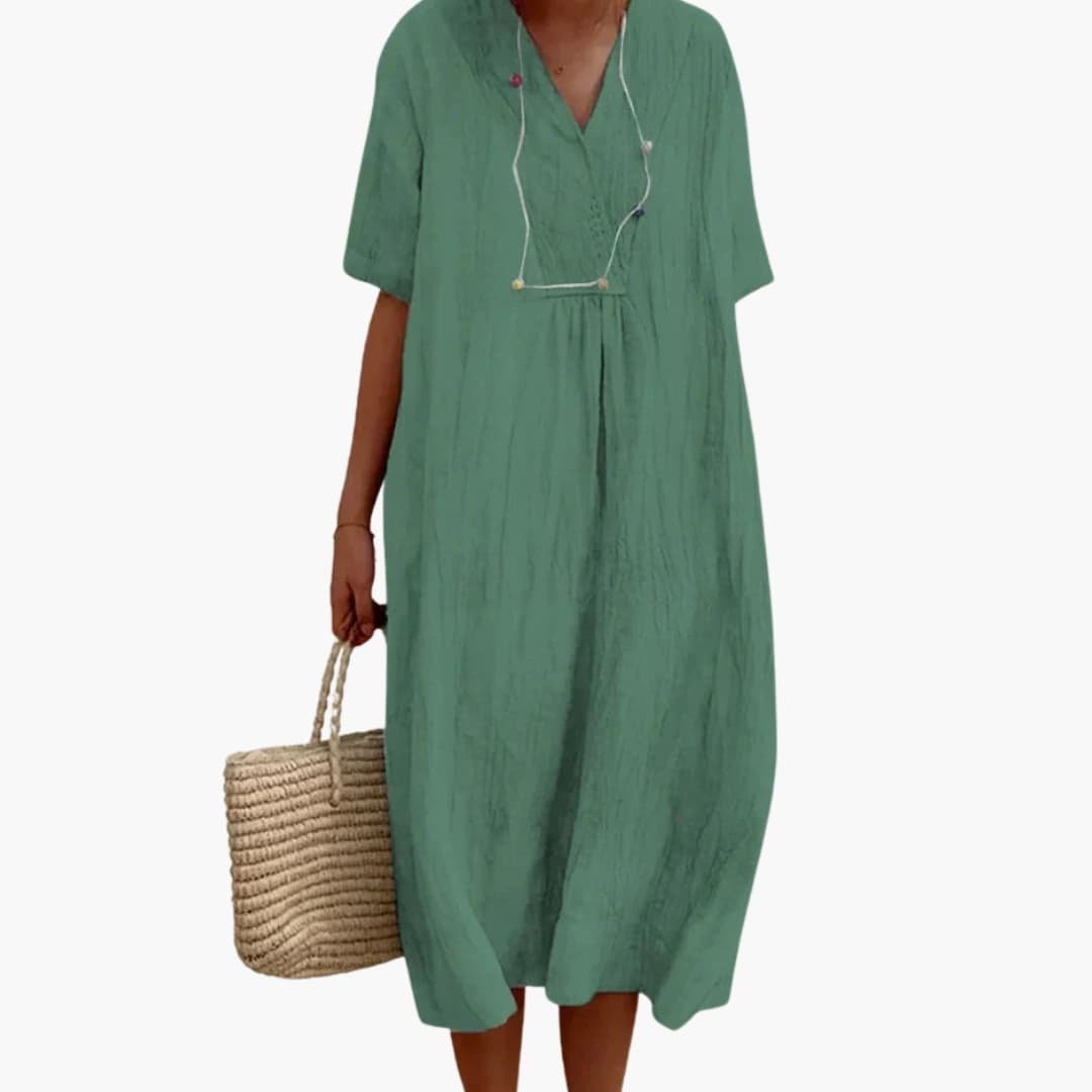 Women's Relaxed-Fit V-Neck Button Placket Linen Midi Dress - Light Green