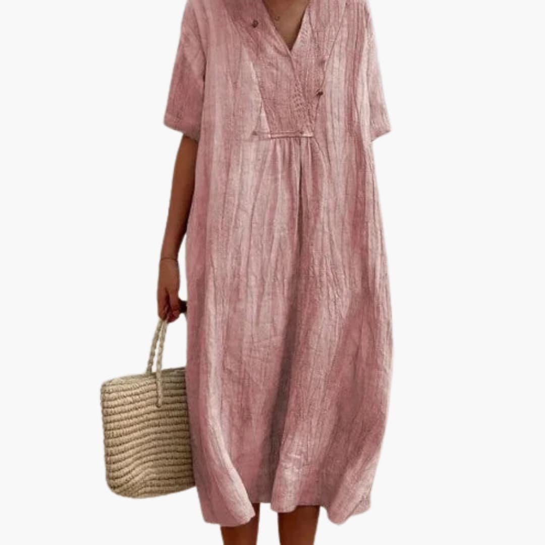 Women's Relaxed-Fit V-Neck Button Placket Linen Midi Dress - Pink