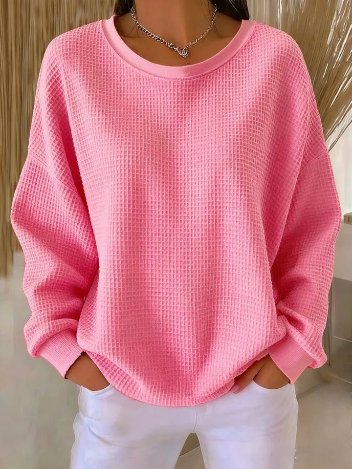 Women's Relaxed-Fit Waffle-Knit Long-Sleeve Crew-Neck Jumper - Pink