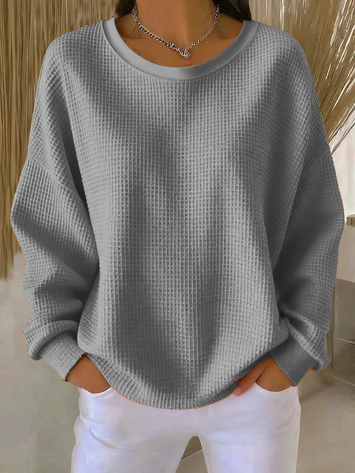 Women's Relaxed-Fit Waffle-Knit Long-Sleeve Crew-Neck Jumper - Grey