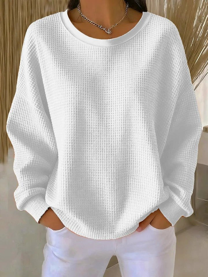 Women's Relaxed-Fit Waffle-Knit Long-Sleeve Crew-Neck Jumper - White