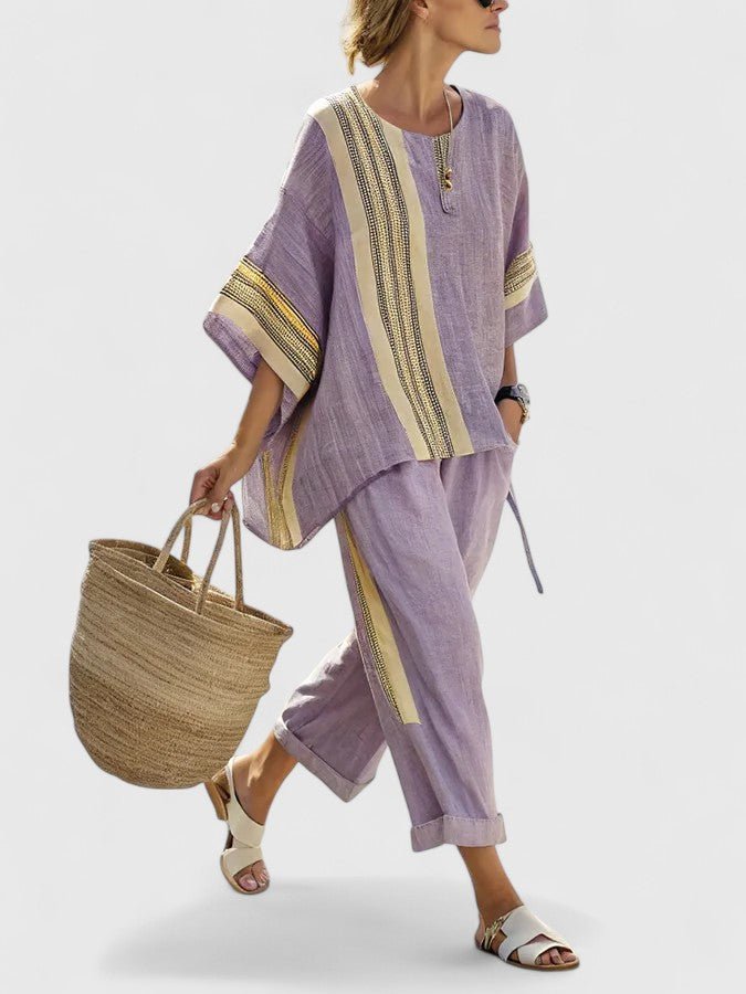 Women's Relaxed Linen-Blend Geometric-Stripe Wide-Leg Co-Ord Set - Purple