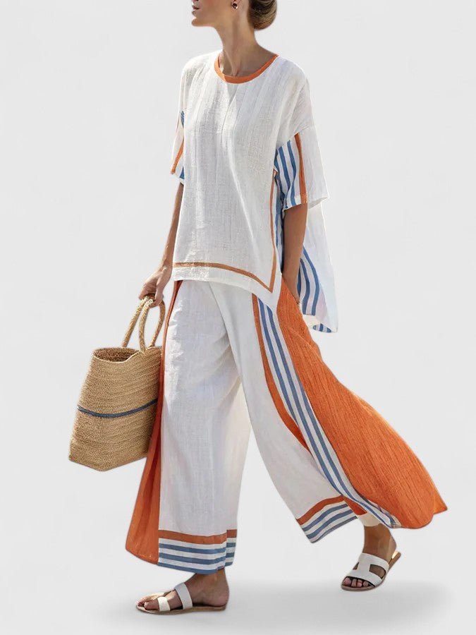 Women's Relaxed Linen-Blend Geometric-Stripe Wide-Leg Co-Ord Set - Orange Stripe