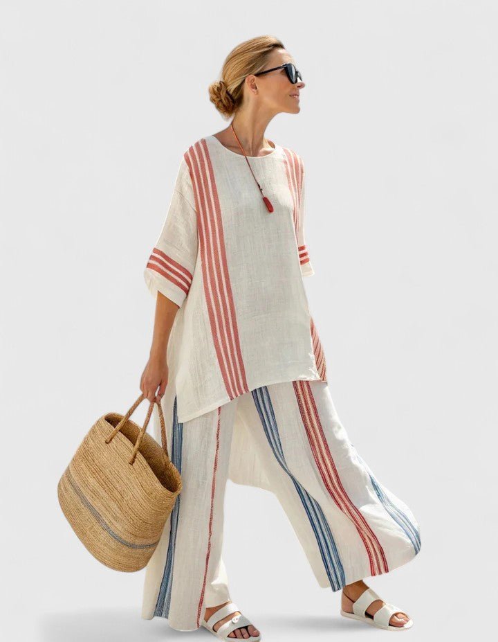 Women's Relaxed Linen-Blend Geometric-Stripe Wide-Leg Co-Ord Set - Red Stripe