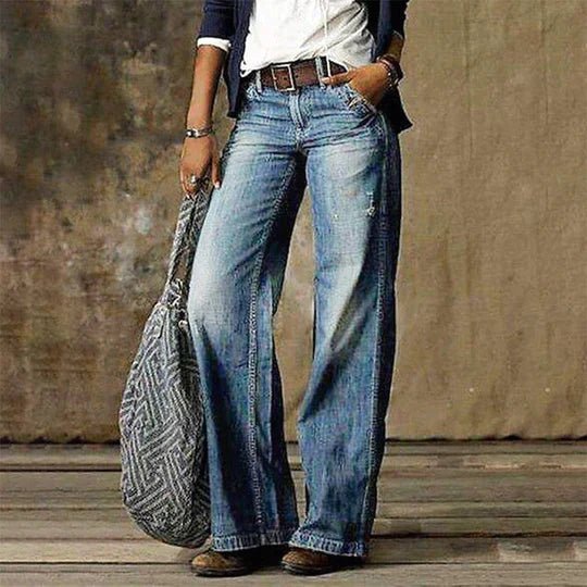 Women's Retro High-Waist Wide-Leg Denim Jeans - Light blue