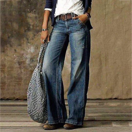 Women's Retro High-Waist Wide-Leg Denim Jeans - Blue