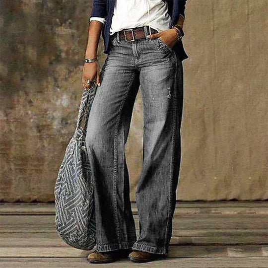 Women's Retro High-Waist Wide-Leg Denim Jeans - Light gray
