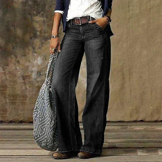 Women's Retro High-Waist Wide-Leg Denim Jeans - Black