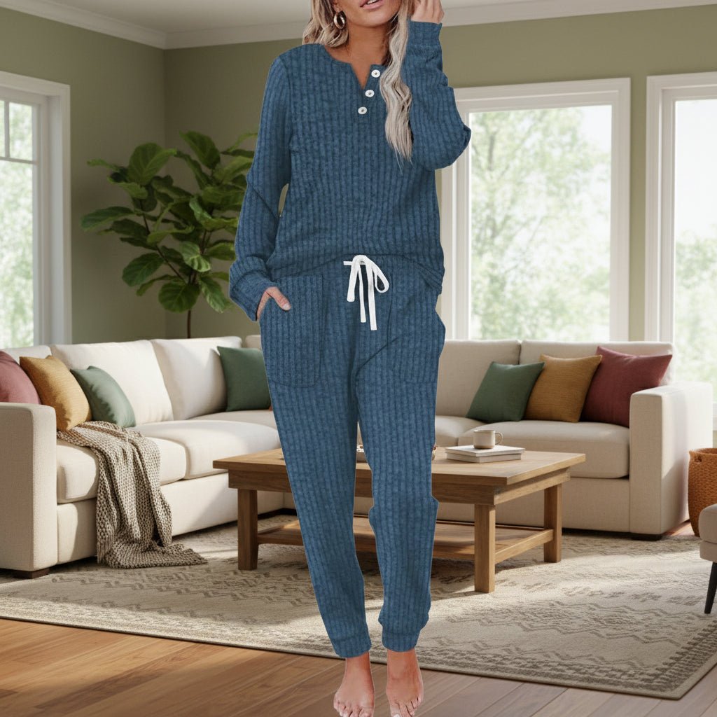 Women's Ribbed Long-Sleeve Henley Drawstring Loungewear Two-Piece Set - Navy Blue