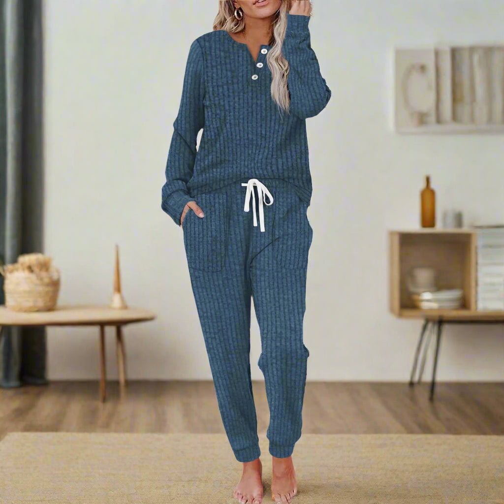 Women's Ribbed Long-Sleeve Henley Drawstring Loungewear Two-Piece Set