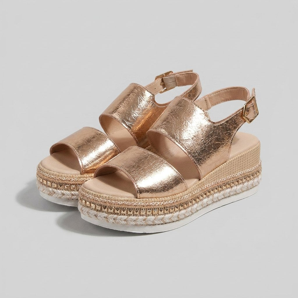 Women's Rose Gold Metallic Open-Toe Espadrille Platform Sandals - GOLD