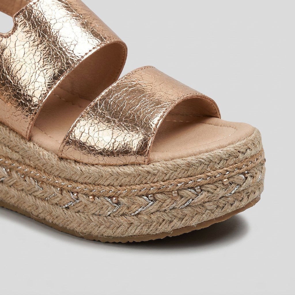 Women's Rose Gold Metallic Open-Toe Espadrille Platform Sandals
