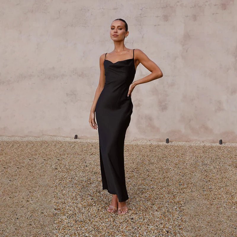 Women's Satin Cowl-Neck Open-Back Bodycon Maxi Dress - Schwarz