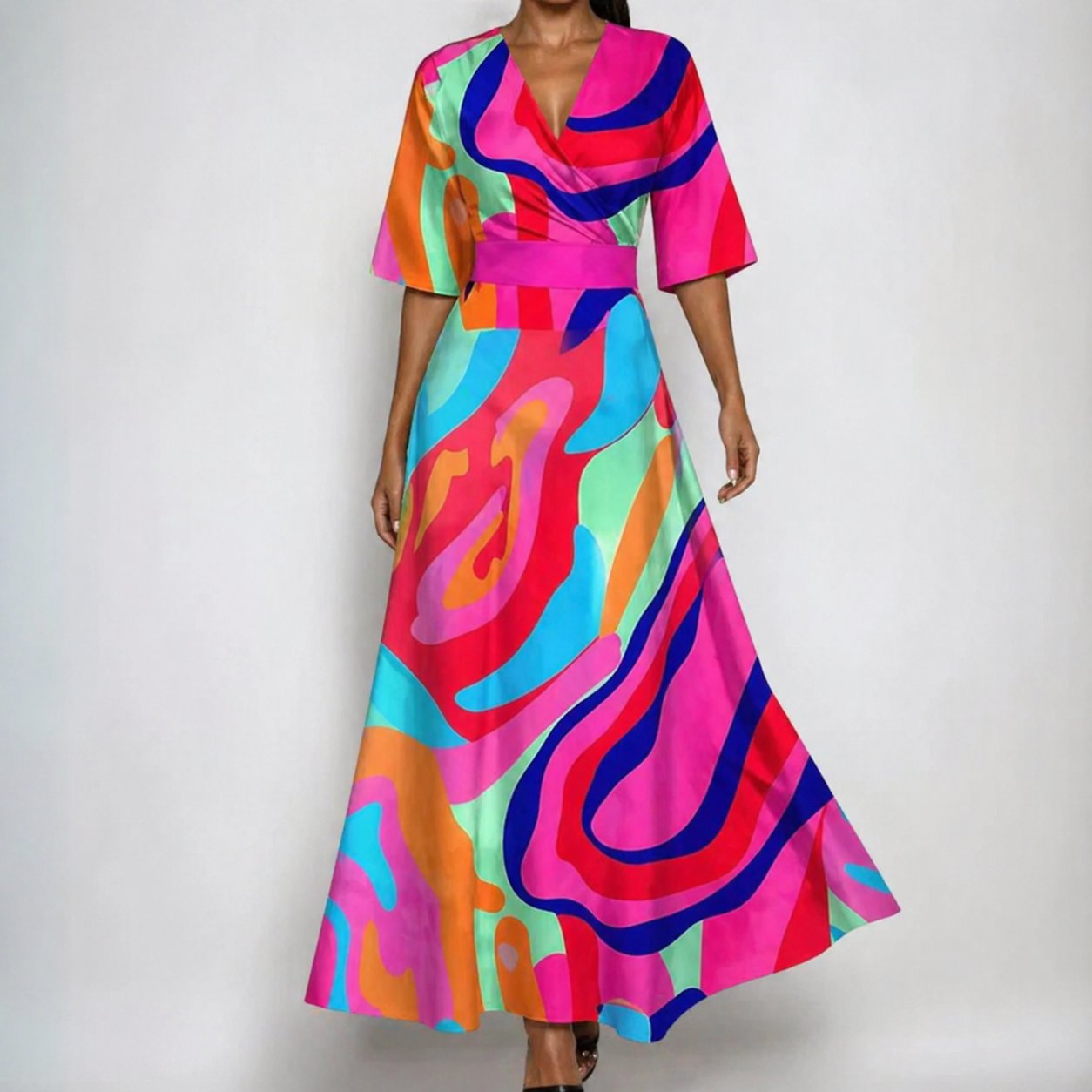 Women's Satin Floral Wrap V-Neck Belted Maxi Dress - Fuschia
