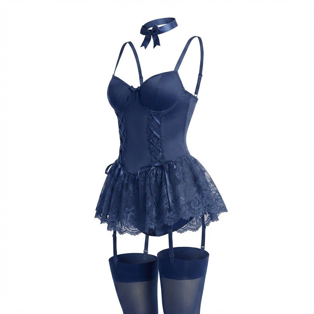 Women's Satin Lace-Ruffle Underwire Corset Bustier Teddy Bodysuit - Navy