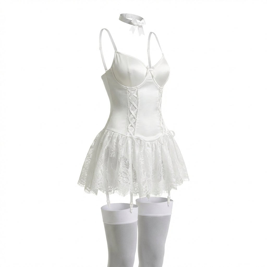 Women's Satin Lace-Ruffle Underwire Corset Bustier Teddy Bodysuit - White