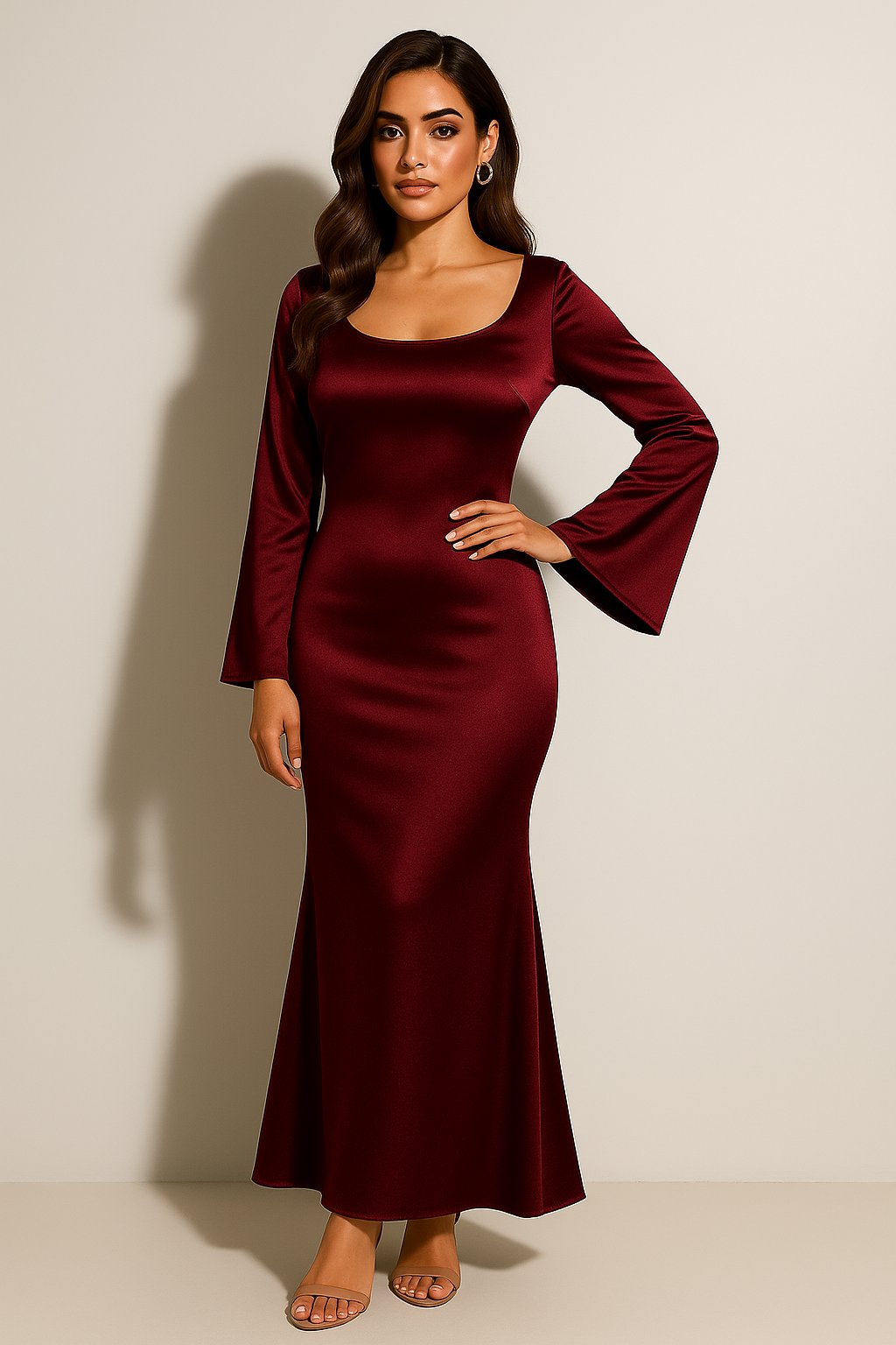 Women's Satin Long Sleeve Scoop Neck Fishtail Maxi Dress