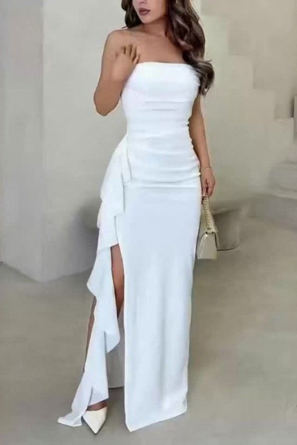 Women's Satin Strapless Ruched High-Slit Wrap Maxi Dress - White