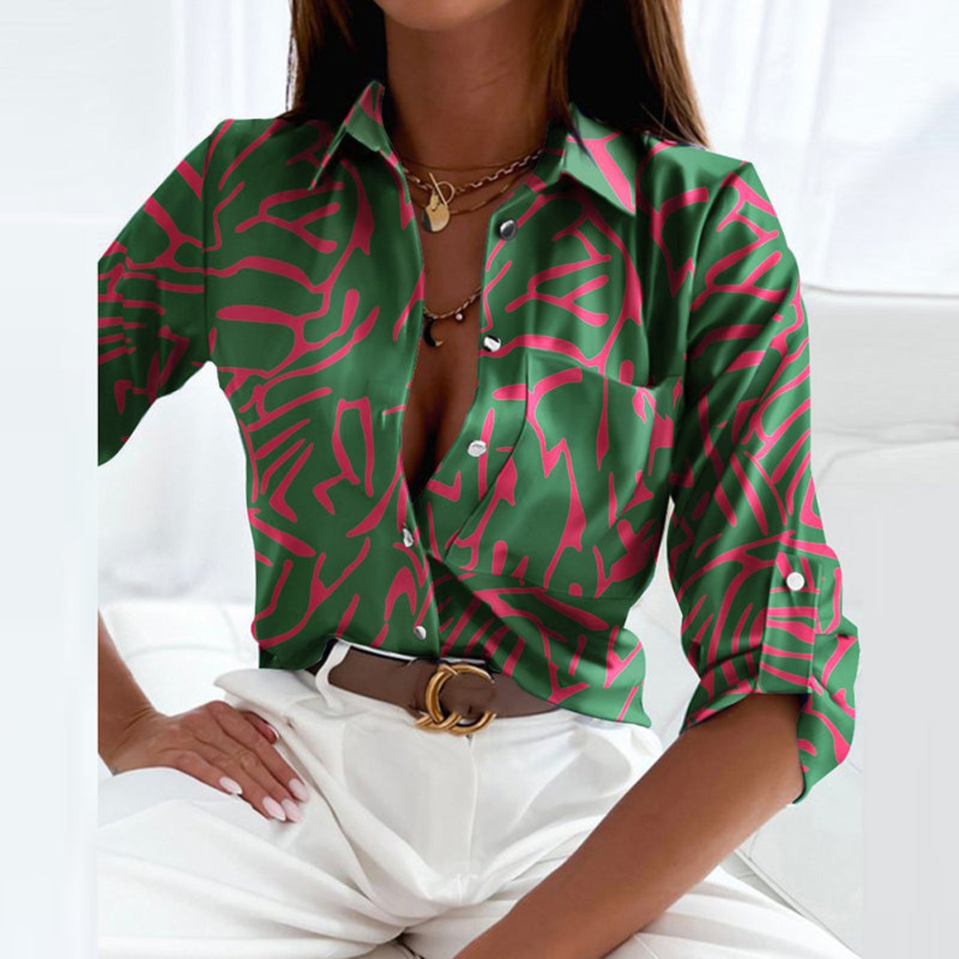 Women's Satin Striped Button-Down Long-Sleeve Blouse - Dark Green