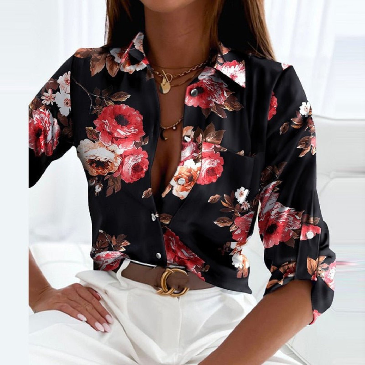 Women's Satin Striped Button-Down Long-Sleeve Blouse - Black