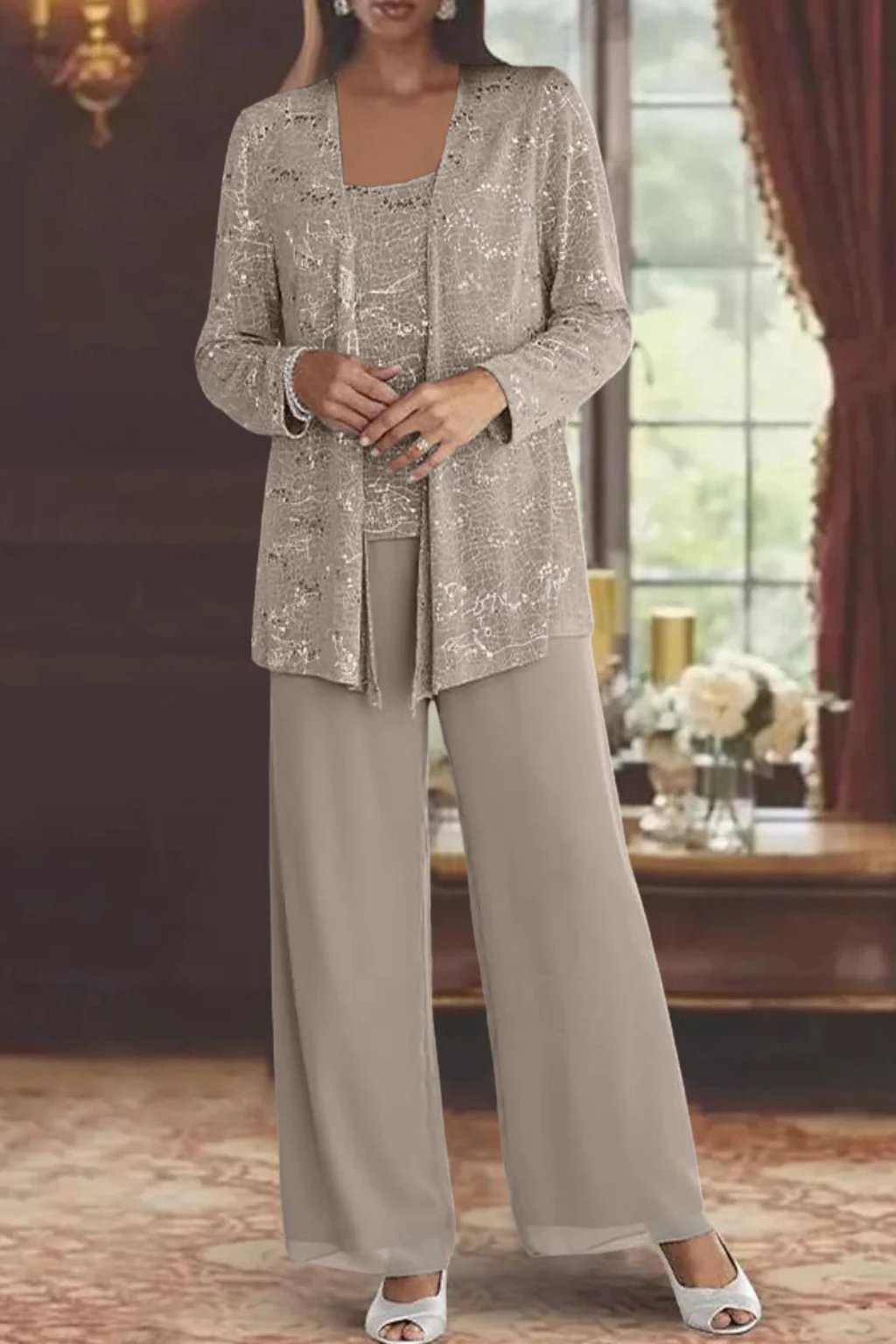 Women's Sequin Embellished Three-Piece Wide-Leg Trouser Set
