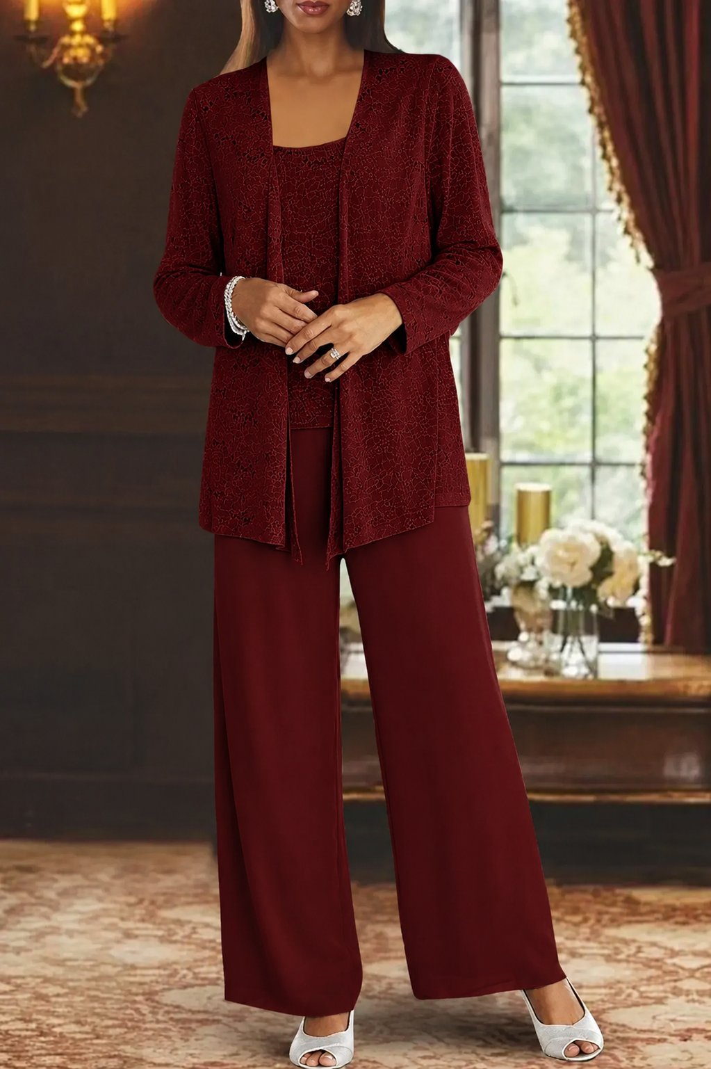 Women's Sequin Embellished Three-Piece Wide-Leg Trouser Set
