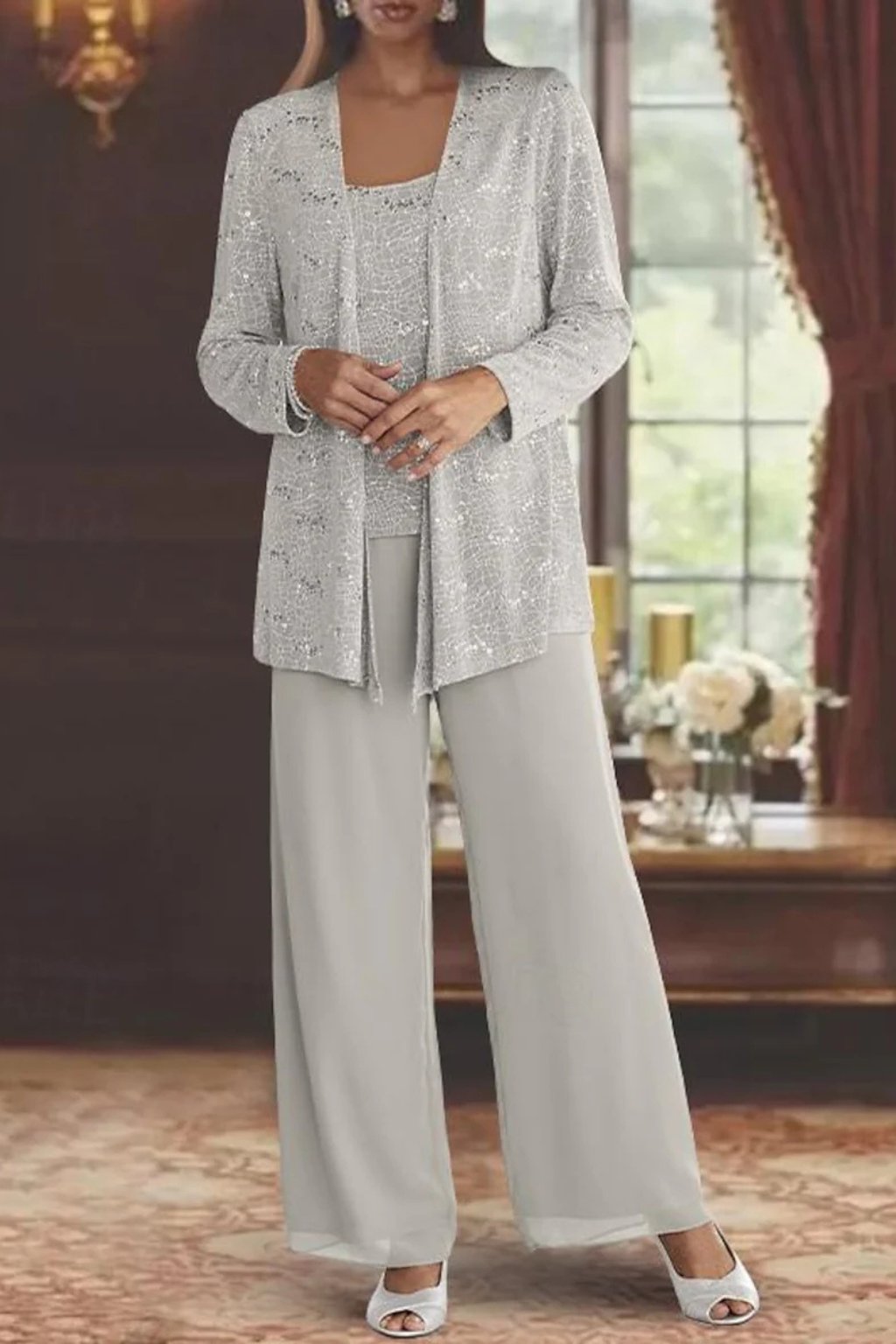 Women's Sequin Embellished Three-Piece Wide-Leg Trouser Set