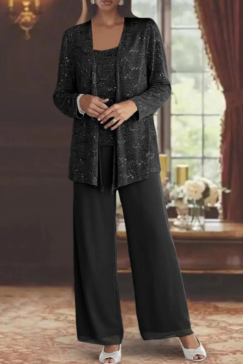 Women's Sequin Embellished Three-Piece Wide-Leg Trouser Set