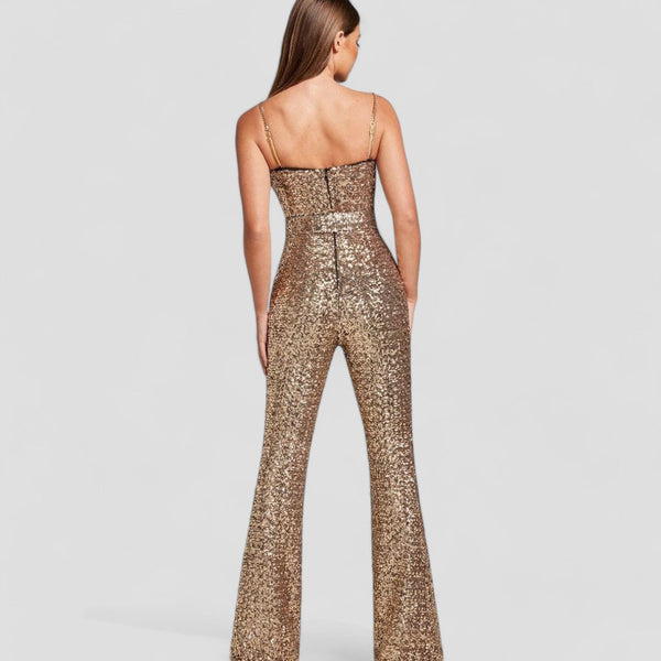 Women’s Sequin Flare Jumpsuit - Strappy Belted Evening Wear