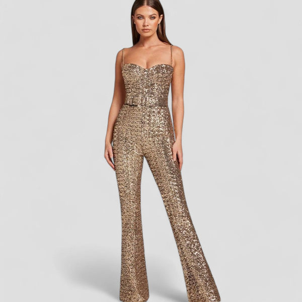 Women’s Sequin Flare Jumpsuit - Strappy Belted Evening Wear