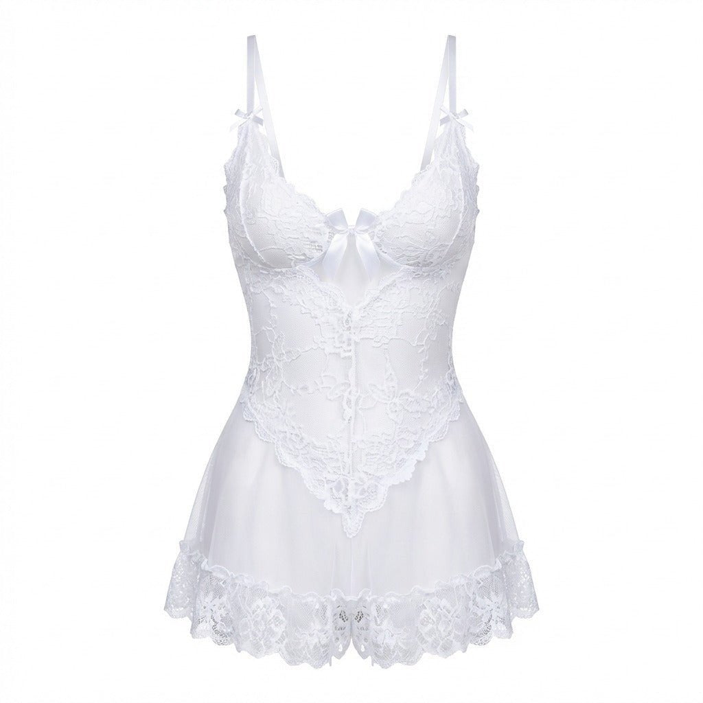 Women's Sheer Mesh Floral Lace Scallop-Hem Chemise - White