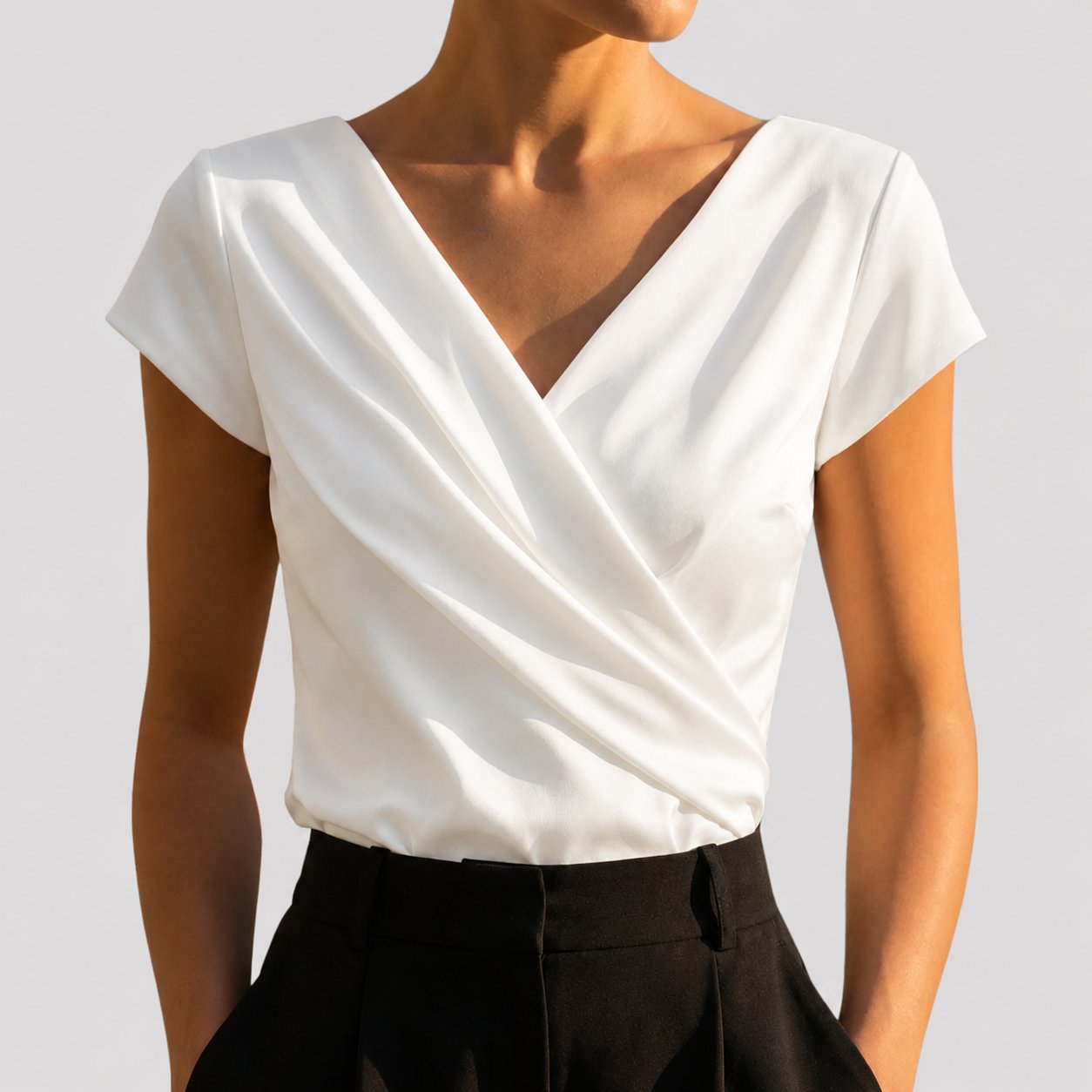 Women's Short Sleeve Draped Wrap V-Neck Blouse Top - White