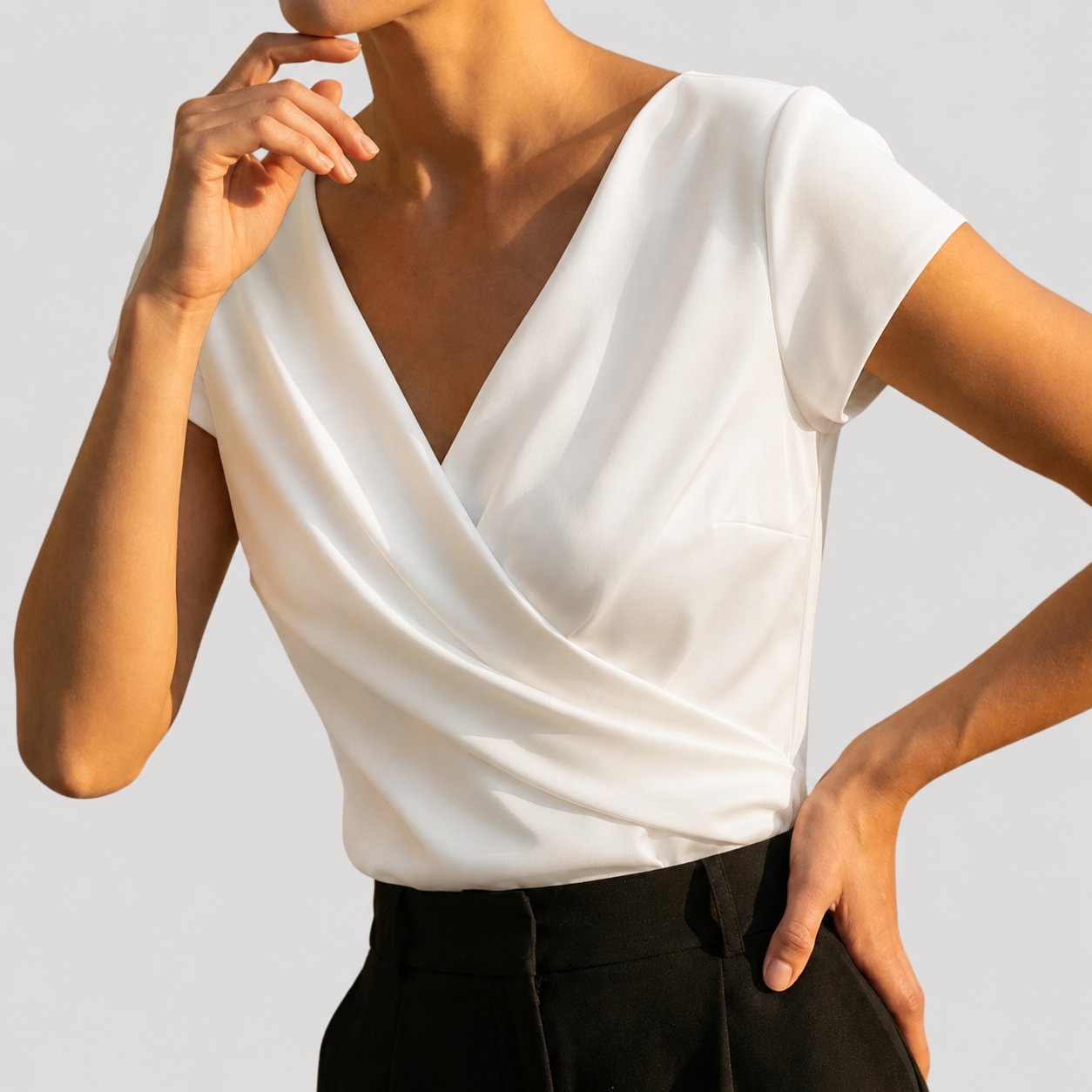 Women's Short Sleeve Draped Wrap V-Neck Blouse Top
