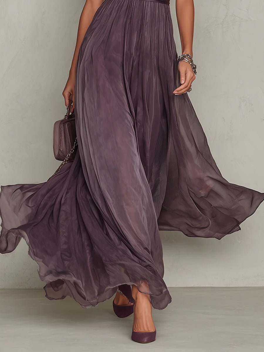 Women's Short Sleeve Keyhole Lace-Trim Chiffon Maxi Dress