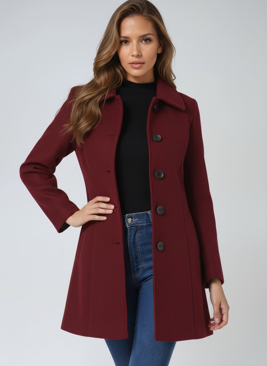 Women's Single-Breasted Structured Winter Trench Coat - Dark Red