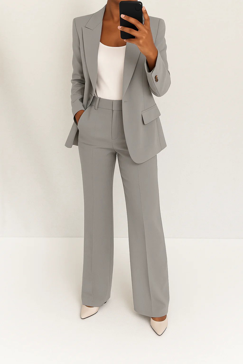 Women's Single-Button Straight-Leg Two-Piece Tailored Suit - Grey