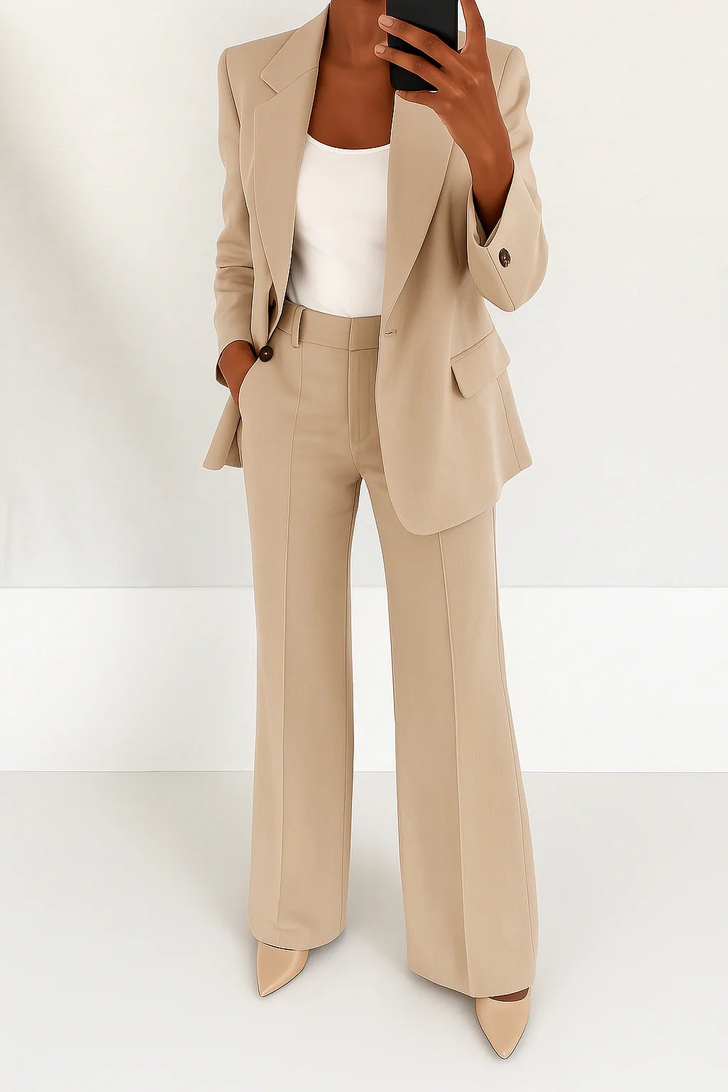 Women's Single-Button Straight-Leg Two-Piece Tailored Suit - Beige