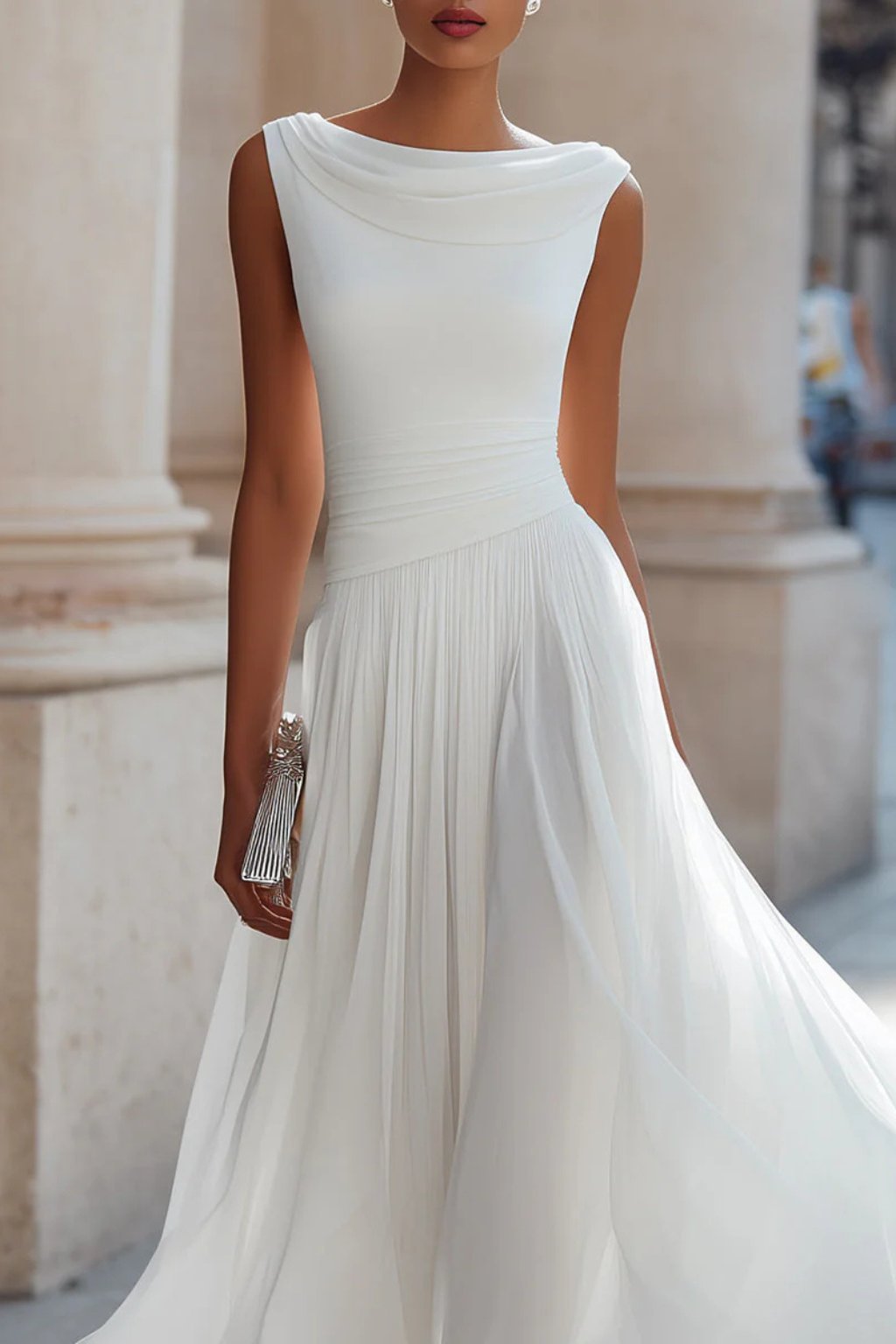 Women's Sleeveless Cowl-Neck Pleated A-Line Midi Dress