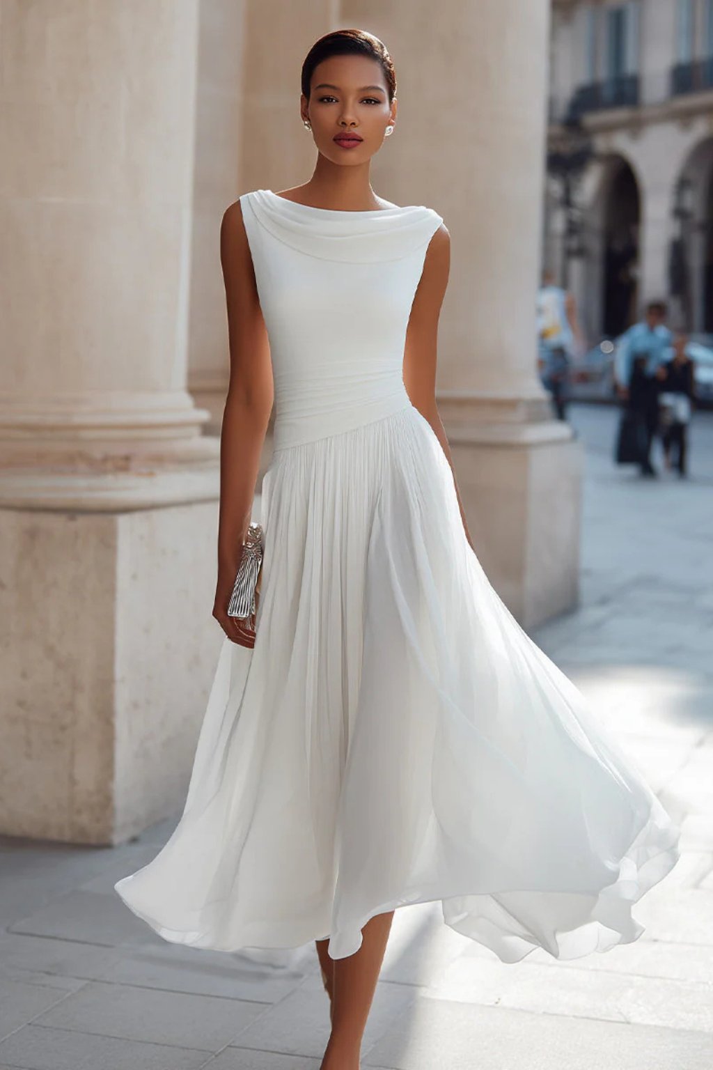 Women's Sleeveless Cowl-Neck Pleated A-Line Midi Dress