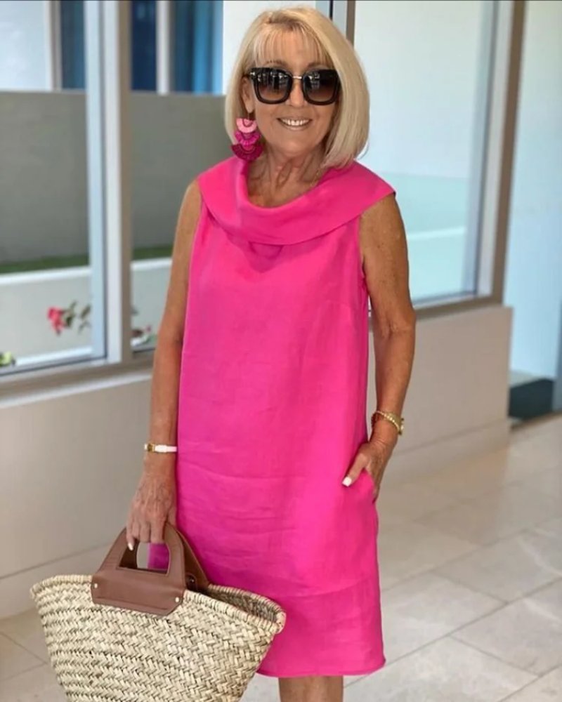 Women's Sleeveless Cowl-Neck Shift Summer Dress - Pink