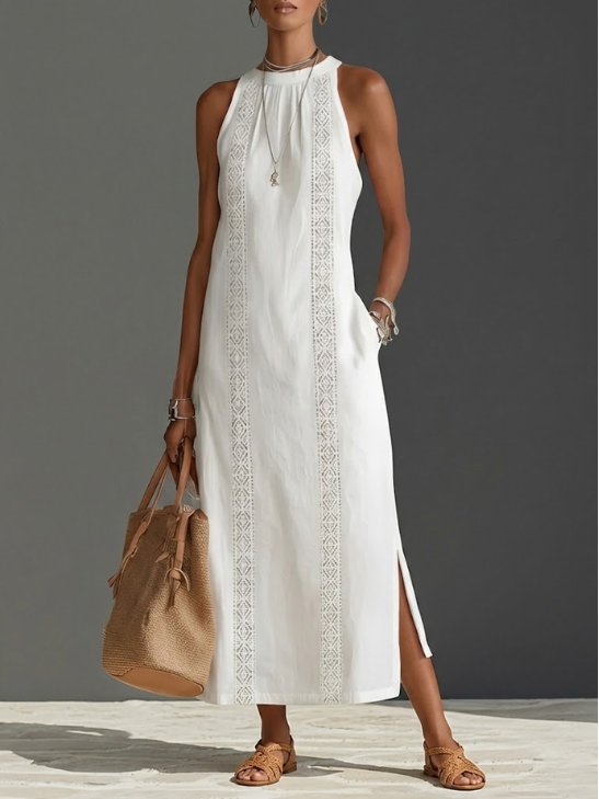 Women's Sleeveless Embroidered Round-Neck Midi Dress