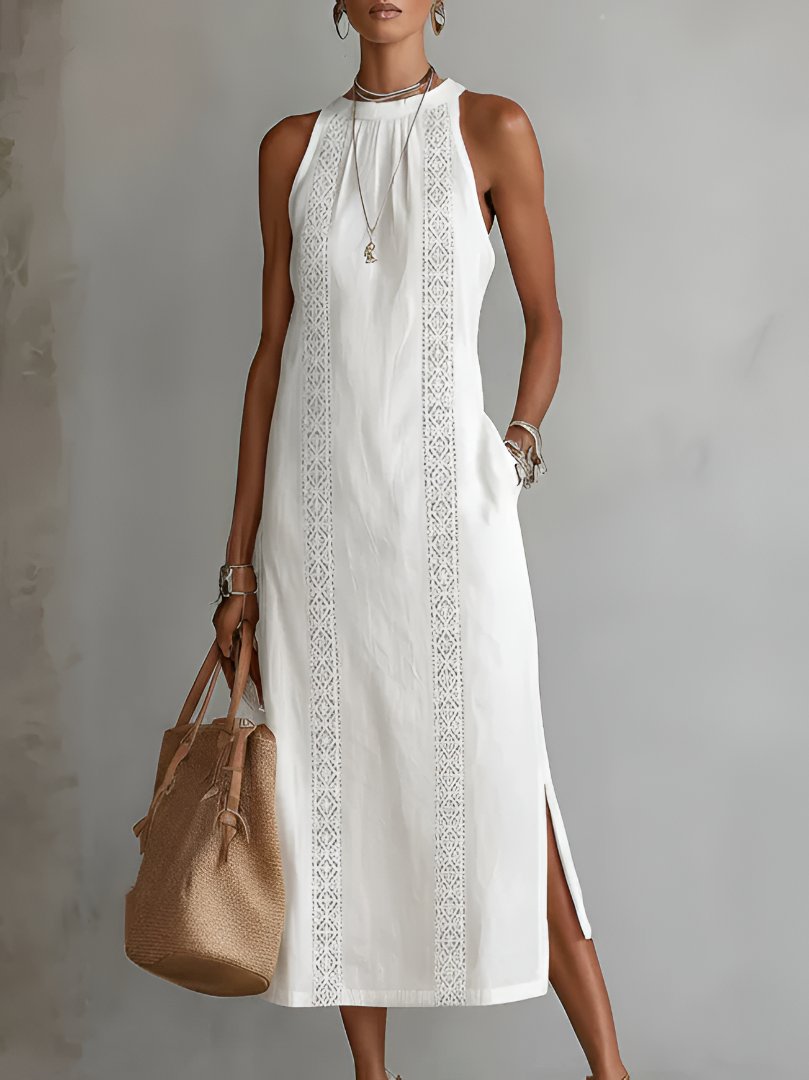 Women's Sleeveless Embroidered Round-Neck Midi Dress - White
