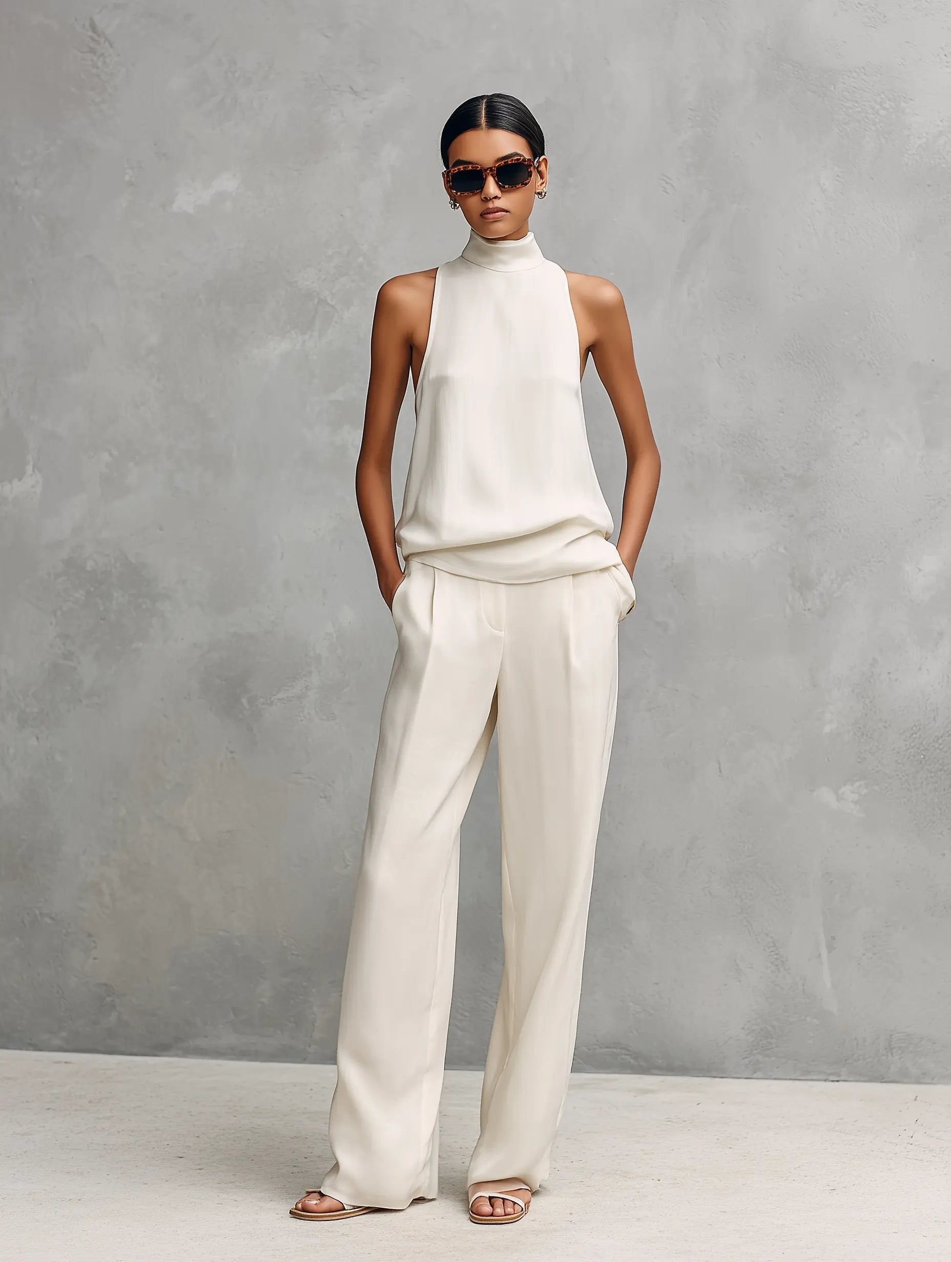 Women's Sleeveless Mock-Neck Cotton-Linen Two-Piece Trouser Set - White