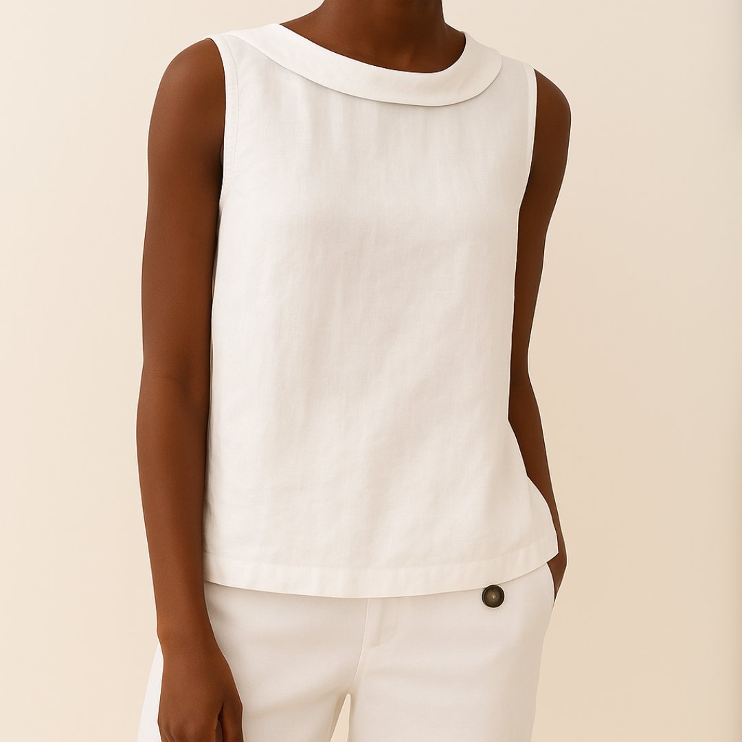 Women's Sleeveless Roll-Collar Linen-Blend Blouse - White