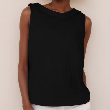Women's Sleeveless Roll-Collar Linen-Blend Blouse - black