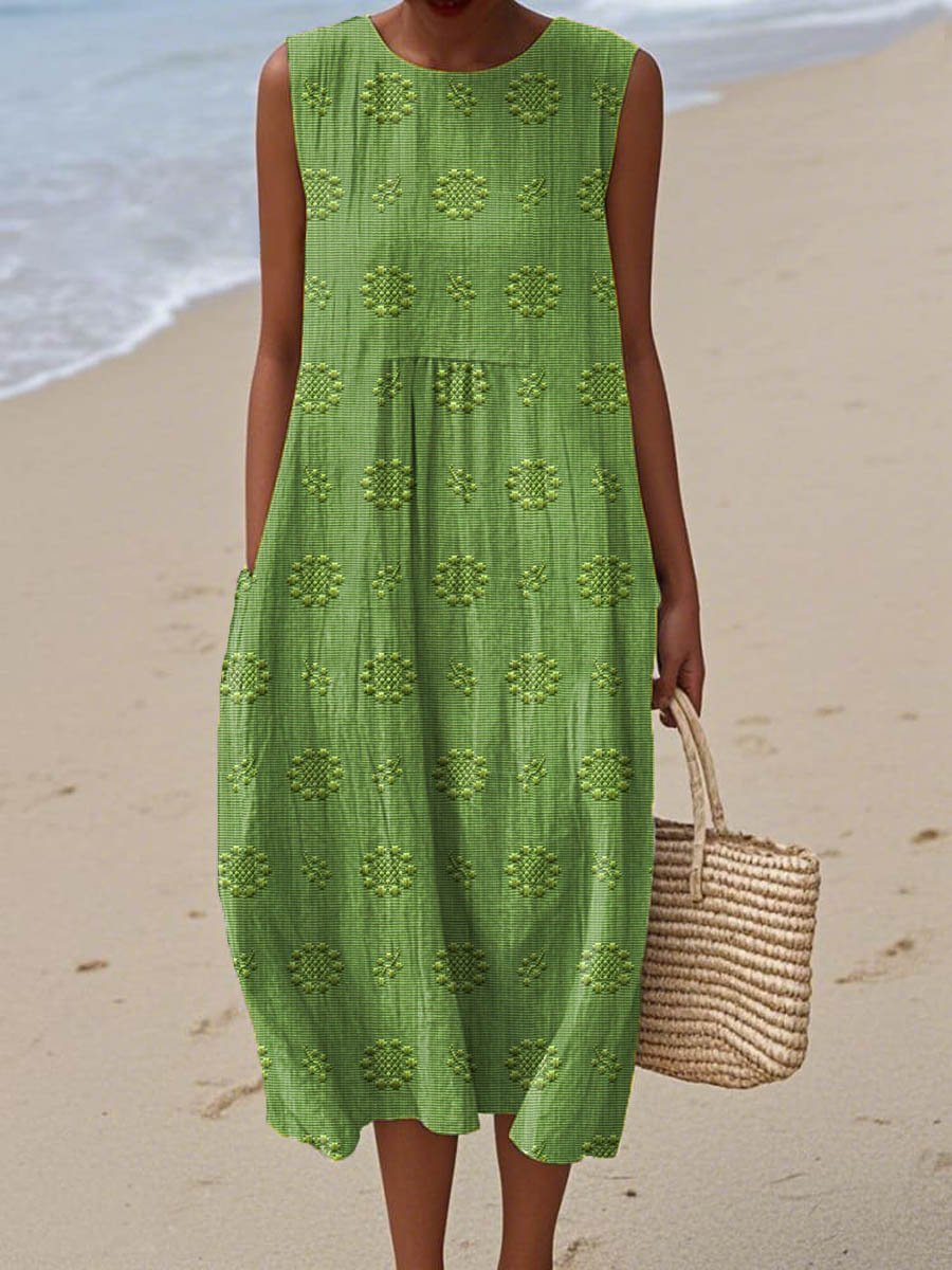 Women's Sleeveless Round-Neck Embroidered Relaxed-Fit Midi Dress - Green