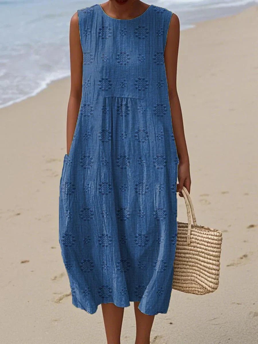 Women's Sleeveless Round-Neck Embroidered Relaxed-Fit Midi Dress - Blue