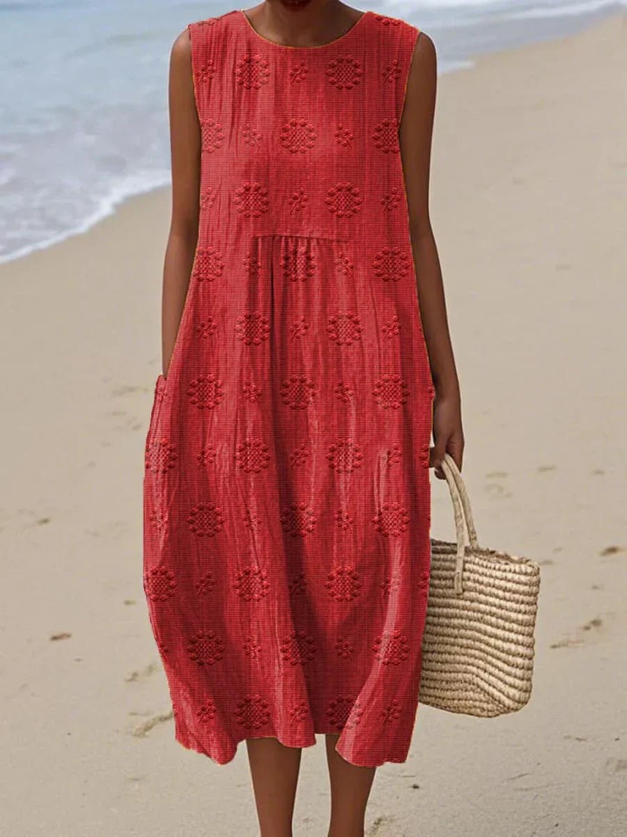 Women's Sleeveless Round-Neck Embroidered Relaxed-Fit Midi Dress - Red